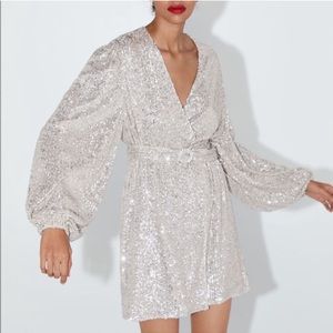Zara Silver Sequin Wrap Mini Dress NWT Size S